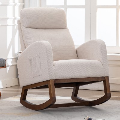 MOONMISS  Modern Linen Glider Chair with Wood Legs and Side Pocket, Rocking Accent Chair with High Back for Living Room Bedroom