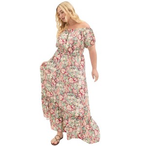 June + Vie by Roaman's Women's Plus Size Off-The-Shoulder Maxi Dress - 1 of 4
