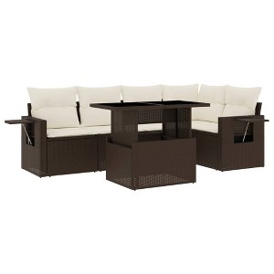 vidaXL 6 Piece Patio Sofa Set with Cushions Brown Poly Rattan - Brown and cream without storage - 1 of 4