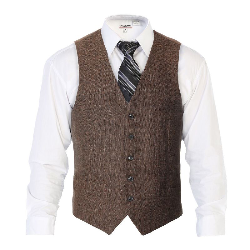Gioberti Men's 5 Button Slim Fit Formal Herringbone Tweed Suit Vest, Umber Herringbone, X Small