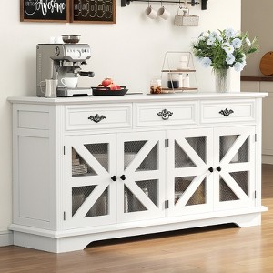 63" White Farmhouse Buffet Cabinet w/ 3 Drawers, 4 Mesh Barn Doors, Adjustable Shelves, Wood Sideboard for Kitchen & Living Room - 1 of 4