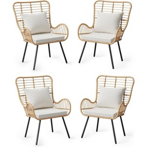 Acekool 4-Piece Boho Outdoor Wicker Chairs Set with Thick Cushions and Pillows, All-Weather Rattan Patio Seating, Brown - 1 of 4