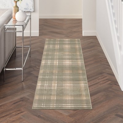 Olive Plaid Synthetic Runner Rug with Latex Backing