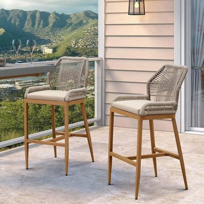 PURPLE LEAF Patio Sunbrella Bar Stools Set of 2 Handwoven Wicker Bar Height Stool Modern Aluminum Outdoor Wicker Barstools with Back and Cushion