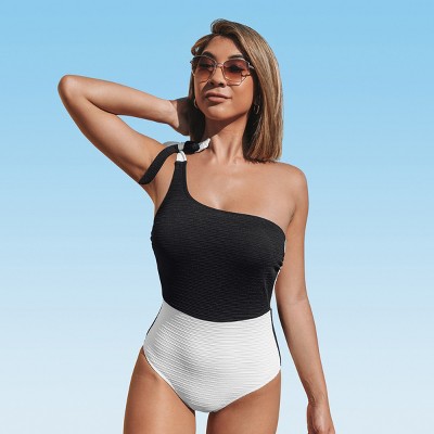 Women's One Piece Swimsuit Color Block One Shoulder Bowknot Bathing Suit  - Cupshe