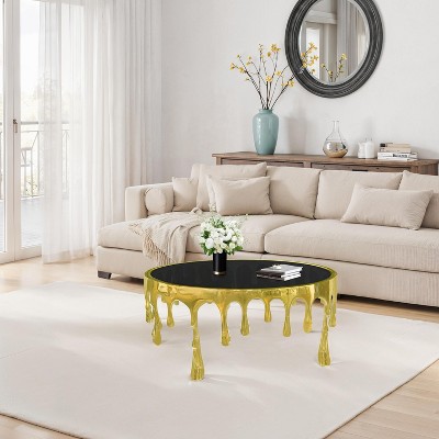 Royal Hampton Coffee Table | 36 Inch Round Glass Top | Melting Drip Design | Antique Gold