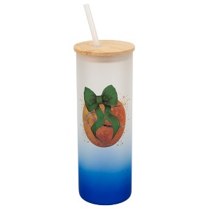 Elanze Designs 25 Ounce Frosted Glass Gradient Travel Tumbler With Straw and Wooden Lid, Basketball With Green Bows Navy Blue - 1 of 1