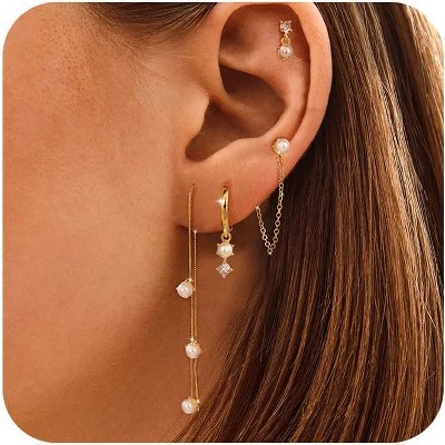 Pearl Dangle Hoop Earrings for Women - Dainty14K Gold Plated Small Drop Chain Hoops Trendy Earring Sets for