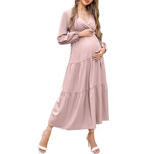 V-neck flared sleeve short sleeved long maternity dress - 1 of 1