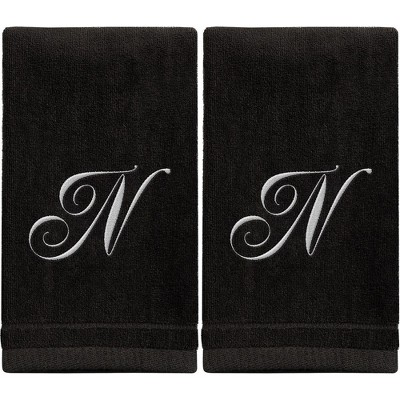 Creative Scents Black Fingertip Monogrammed Towels White Embroidered