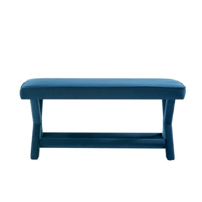 Abigail Blue Velvet Upholstered Double Ottoman with Solid Wood Frame
