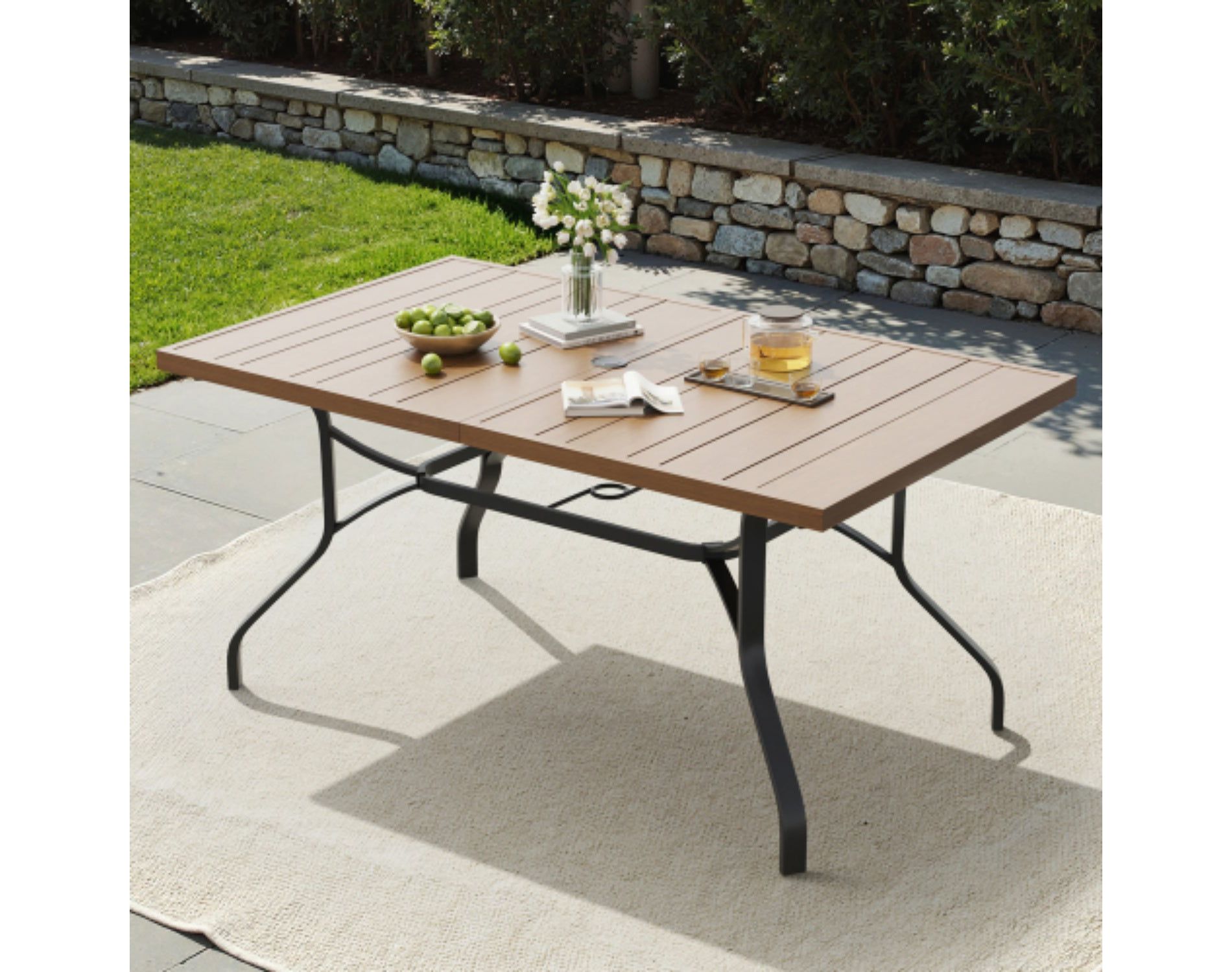 60 x 35 Inch Natural Rectangular Patio Dining Table with Umbrella Hole, Weather-Resistant Metal for Garden Yard Poolside