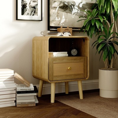 FUFU&GAGA Compact Modern Wood and Rattan Storage Drawer Nightstand