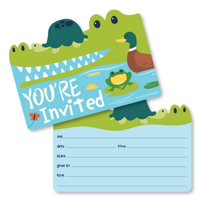 Big Dot of Happiness Pond Pals - Shaped Fill-In Invites - Pond Animals Birthday Party or Baby Shower Invitation Cards with Envelopes - Set of 12