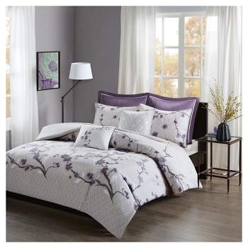 Gray/Purple Jasmine Watercolor Floral Duvet Cover Set Queen 6pc
