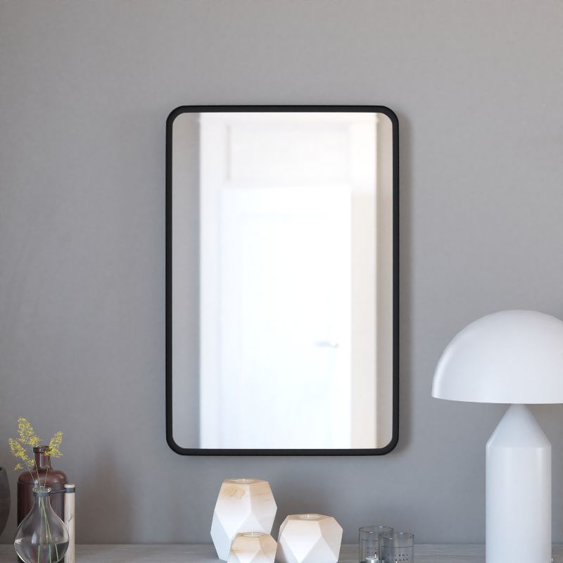 Merrick Lane 20" x 30" Matte Black Decorative Wall Mirror with Rounded Corners for Bathroom, Living Room, Entryway, Hangs Horizontal Or Vertical, 4 of 11