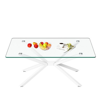Vynxaria 39.37" Rectangular Clear Glass Coffee Table with Gold Metal Legs ¨C Modern Elegance