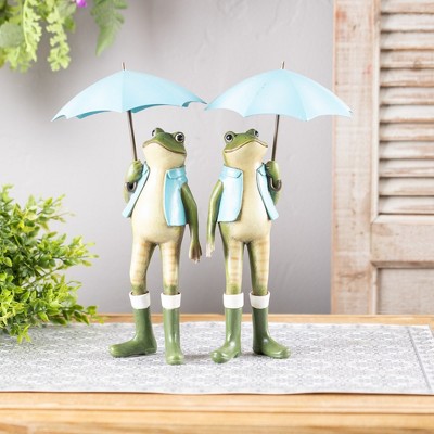 Spring Frogs with Blue Umbrellas Resin Figurines Set