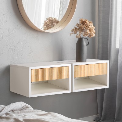White MDF Floating Nightstand with Rattan Drawer