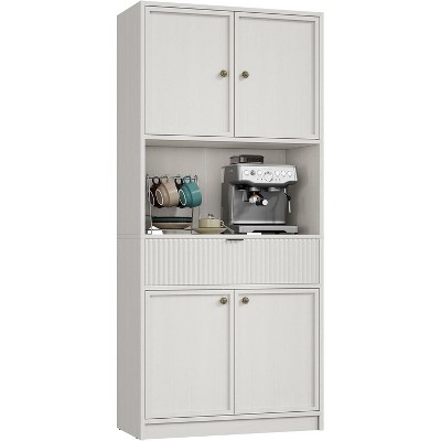 70" Tall Pantry Cabinet with Countertop, Fluted Storage Hutch with Microwave Shelf & Drawer for Kitchen, Dining Room Organization