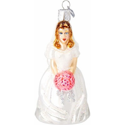 Hand-Painted Glass Brunette Bride Ornament with Bouquet