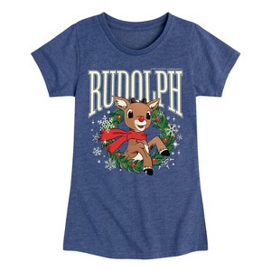 Girls' - Rudolph - Rudolph Wreath Collegiate Fitted Short Sleeve Graphic T-Shirt - 1 of 4