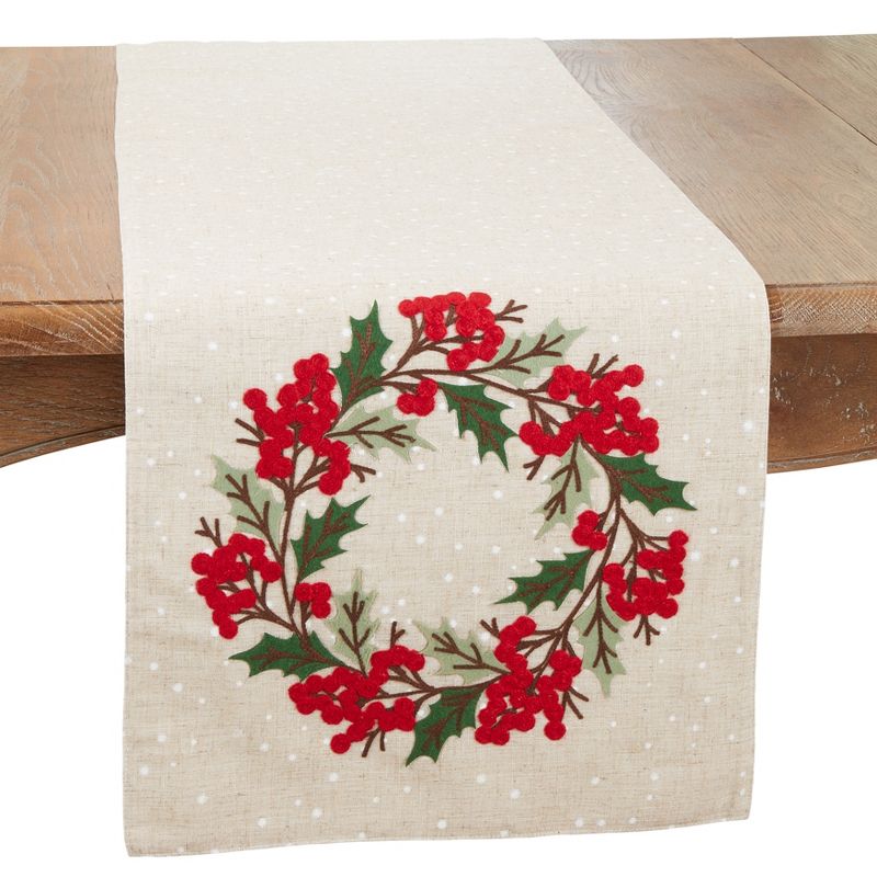 Saro Lifestyle Festive Holly Berry Wreath Table Runner, 16"x70", Beige, 1 of 4