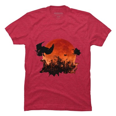 Men's Design By Humans Spooky Halloween Blood Moon Eclipse Ghostly Birds By KateLCardsNMore T-Shirt - Red Heather - 2X Large