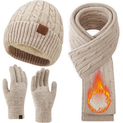 ZUPPAD Womens Winter Beanie Hat Scarf Gloves Set, Knit Touch Screen Gloves Long Scarf Skull Caps Fleece Lined Winter Gift Hat and Glove Sets