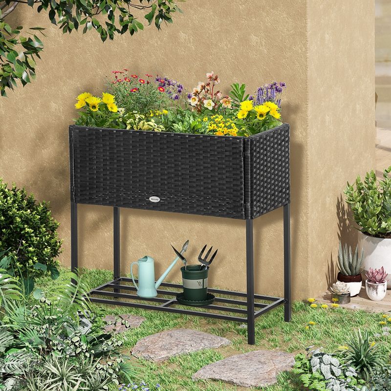 Outsunny Elevated Metal Raised Garden Bed with Rattan Wicker Look, Underneath Tool Storage Rack, Sophisticated Modern Design, 2 of 7