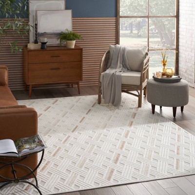 Ivory and Beige Geometric Synthetic Rectangular Area Rug 7'10" x 9'10"