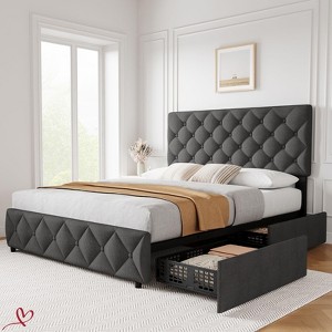 Full/QUEEN/King Size Bed Frame with 4 Drawers and Headboard Tufted Design Linen Upholstered Platform Bed Frame No Box Spring Need - 1 of 4