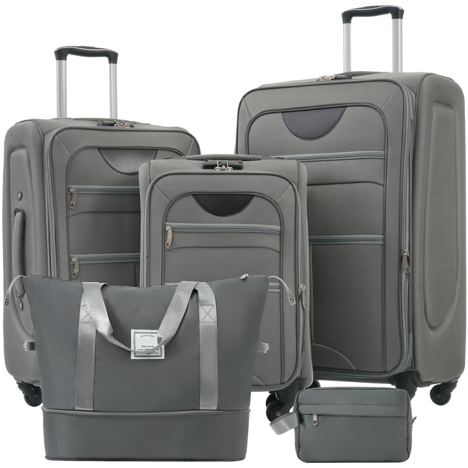 5 PCS Expandable Luggage Set, Softside Lightweight Spinner Suitcase with Duffel Bag, Tolietry Bag and TSA Lock, Gray - ModernLuxe