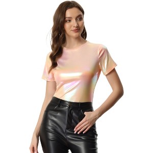 INSPIRE CHIC Women's Clubwear Short Sleeve Shiny Metallic Blouse - 1 of 4