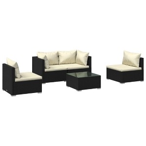 vidaXL 5-Piece Outdoor Patio Lounge Set - Durable Water-Proof PE Rattan Construction - Flexible Modular Design - Black with Cream Cushions - 1 of 4