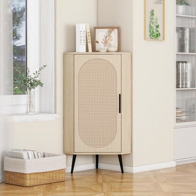 Home Accent Cabinets With Shelves,2 Shelves Rattan Door Corner Cabinet,Corner Cabinet Shelf,Rattan Storage Cabinet-Maison Boucle