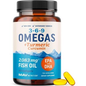 Omega 3 6 9 + Turmeric Curcumin Supplement, EPA & DHA Fish Oil + Turmeric for Mobility, Cognitive & Heart Health Support, MAV Nutrition, 60 Softgels - 1 of 4