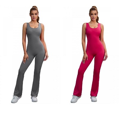 INSPIRE CHIC 2 Pcs Women's Hollow Back Flare Jumpsuits One Piece Long Workout Fitness Full Body Shaper