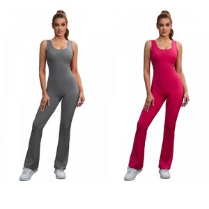 INSPIRE CHIC 2 Pcs Women's Hollow Back Flare Jumpsuits One Piece Long Workout Fitness Full Body Shaper - 1 of 4