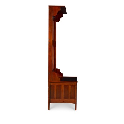 Walnut Finish Split-Seat Storage Hall Tree with Double Hooks