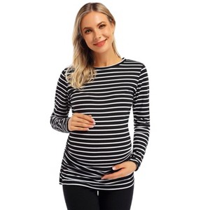 BLUEMING Womens Maternity Shirts Long Sleeve Crew Neck Basic Tank Tops Side Buttons Pregnant Shirts - 1 of 4