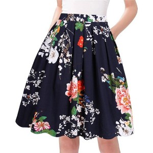 Vintage A-Line Pleated Skirt for Women - Midi Length High Waist Flowy Retro Skirt Navy Flower - 1 of 4