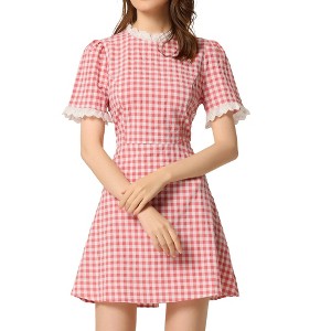 Allegra K Women's Summer Ruffle Neck Lace Panel Short Sleeve Check Gingham Dress - 1 of 4