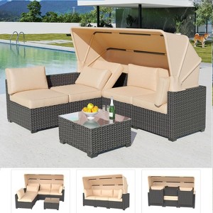 GustoWave 6 Pieces Patio Furniture Set,Wicker Patio Furniture Sofa with Retractable Canopy,Cushions and Tea Table with Storage,2 Adjustable Backrest - 1 of 4