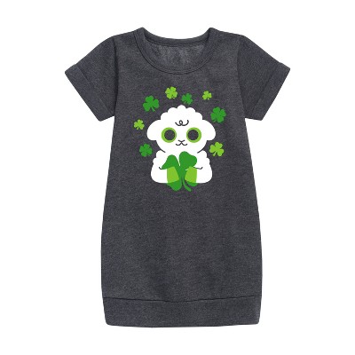 - Instant Message - St. Patrick's Day Sheep Holding a Shamrock Graphic Short Sleeve Fleece Dress