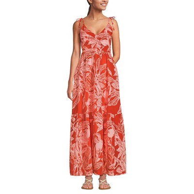 Lands' End Women's Cotton Voile Vneck Tie Strap Maxi Dress - X-Small - Mandarin Orange Etched Leaves