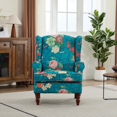 Modern Floral Upholstered Accent Chair with Wingback Design, Retro Wood Legs Armchair for Living Room, Bedroom or Office - Koiai