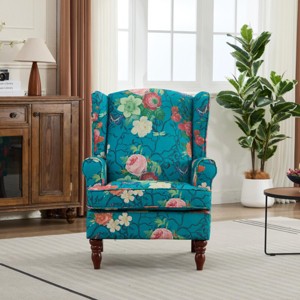 Modern Floral Upholstered Accent Chair with Wingback Design, Retro Wood Legs Armchair for Living Room, Bedroom or Office - Koiai - 1 of 4