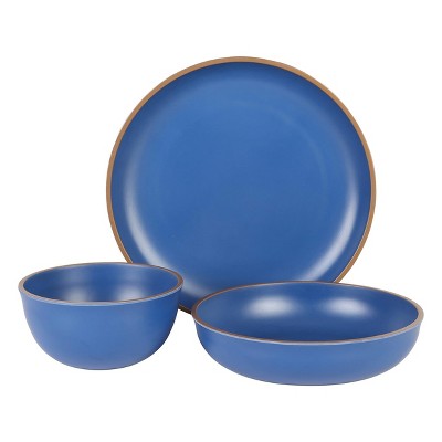 Matte Blue Melamine 12-Piece Double Bowl Dinnerware Set