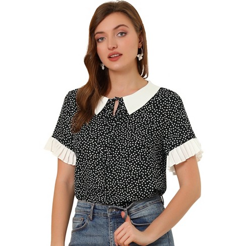 Allegra K Women's Contrast Doll Collar Polka Dots Tops Short Sleeves Blouse  X-Small Black Heart at  Women's Clothing store